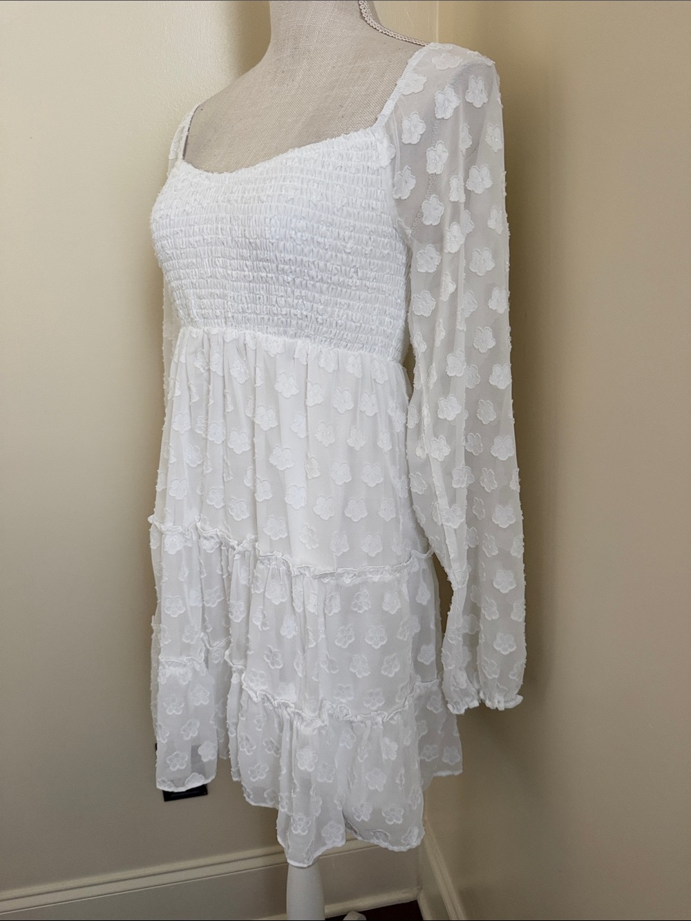 Midnight Doll Smocked Square Neck White Lace Mini Dress - Picture 7 of 15